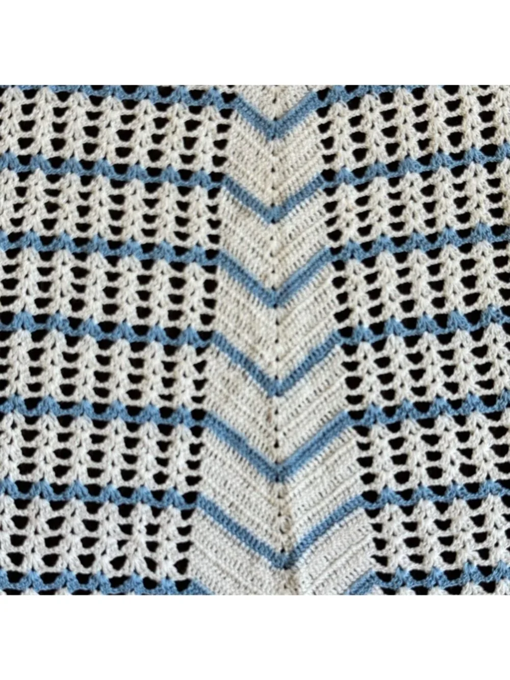 Vintage Hand-Crocheted Crochet Half Apron Blue & White Chevron Pattern